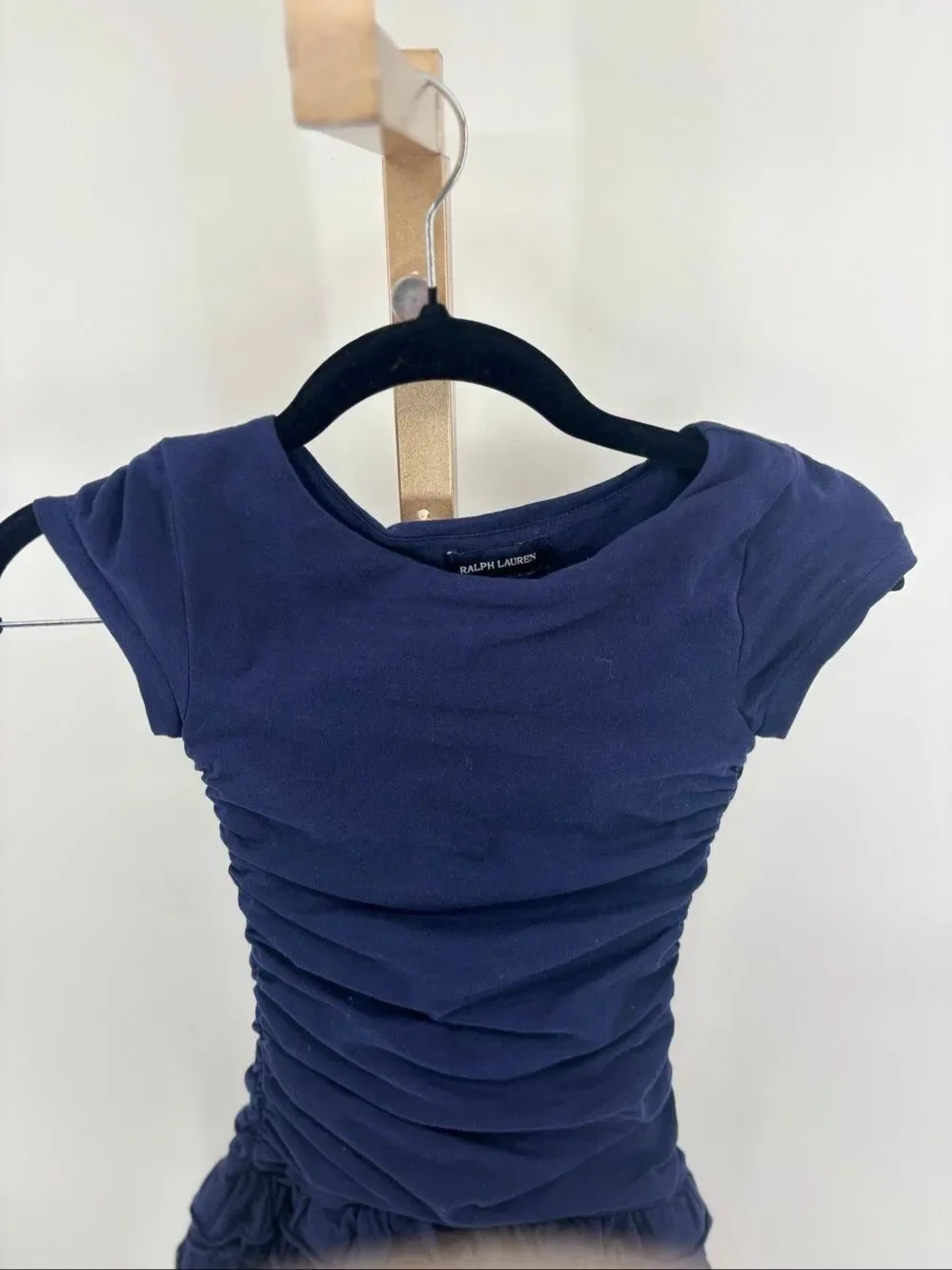 Ralph Lauren Girls Size 5 Cap Sleeve Navy Dress Ruched Ruffled Hem Nautical Prep